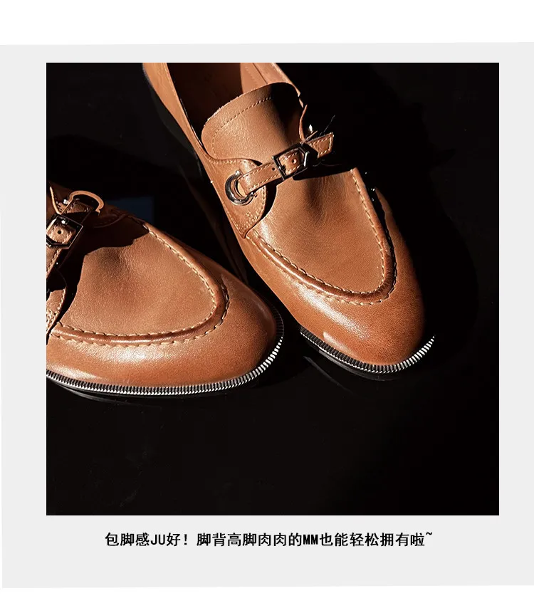 Spring round-toe chunky heel low-heel slip-on single shoes, cowhide, comfortable and simple, one-piece leather shoes