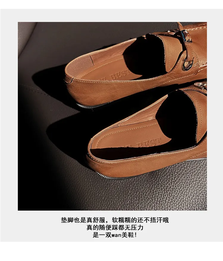 Spring round-toe chunky heel low-heel slip-on single shoes, cowhide, comfortable and simple, one-piece leather shoes