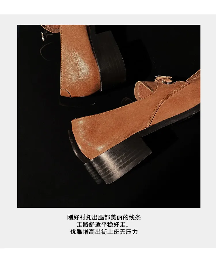 Spring round-toe chunky heel low-heel slip-on single shoes, cowhide, comfortable and simple, one-piece leather shoes