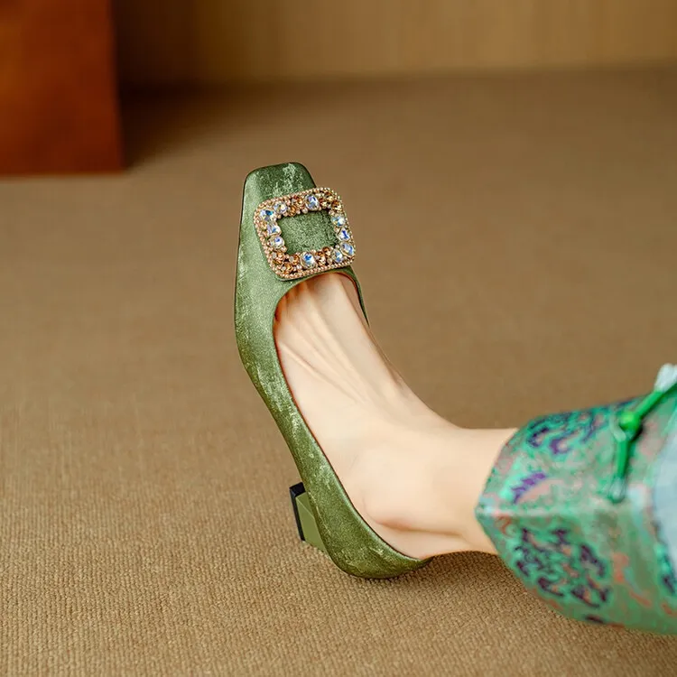 Spring square-toe rhinestone buckle single shoes with chunky heels, low-cut, slip-on design, new Chinese style women's shoes