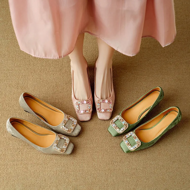 Spring square-toe rhinestone buckle single shoes with chunky heels, low-cut, slip-on design, new Chinese style women's shoes