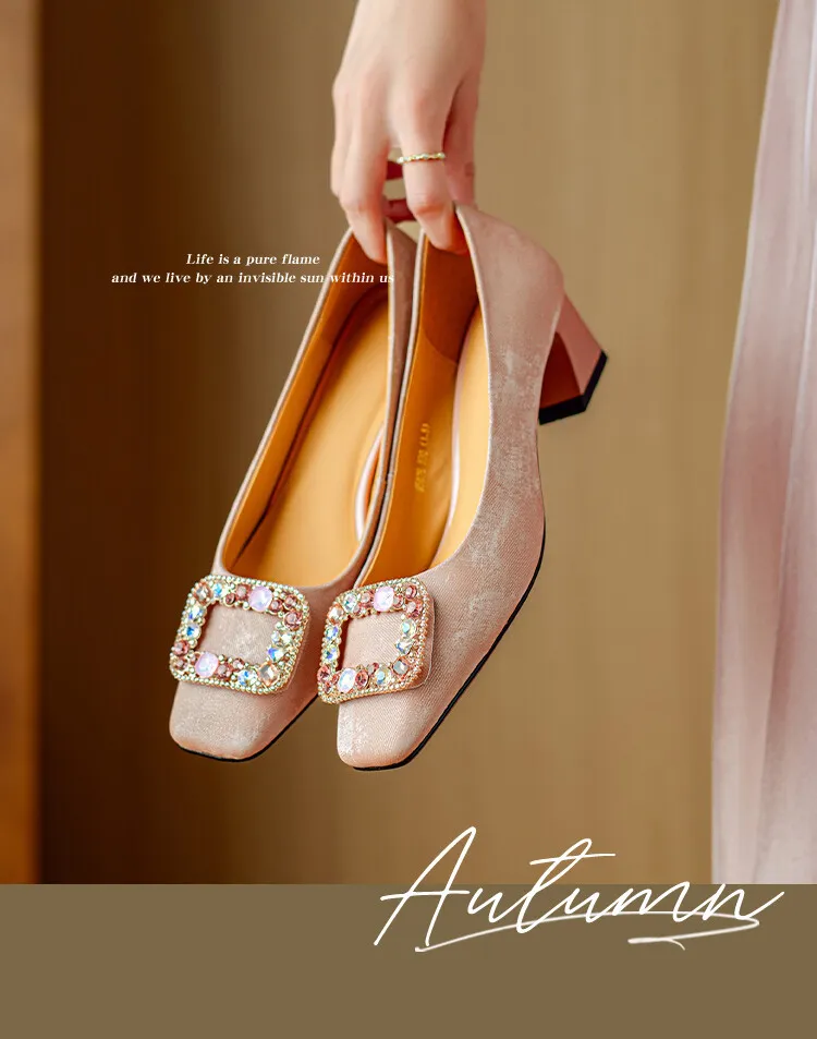 Spring square-toe rhinestone buckle single shoes with chunky heels, low-cut, slip-on design, new Chinese style women's shoes