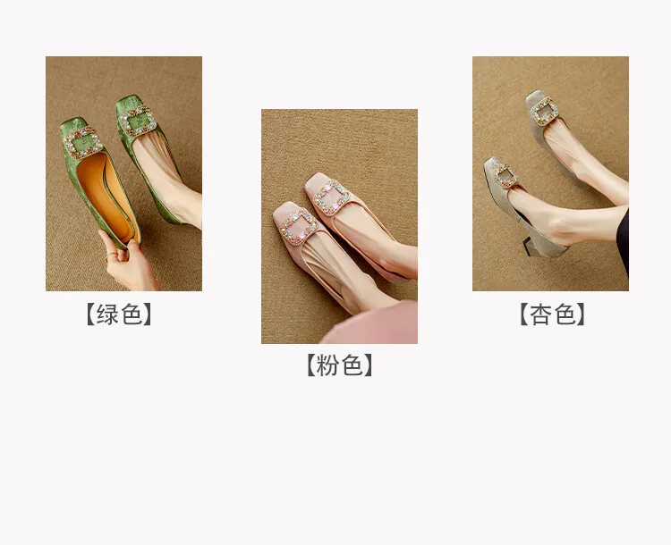 Spring square-toe rhinestone buckle single shoes with chunky heels, low-cut, slip-on design, new Chinese style women's shoes