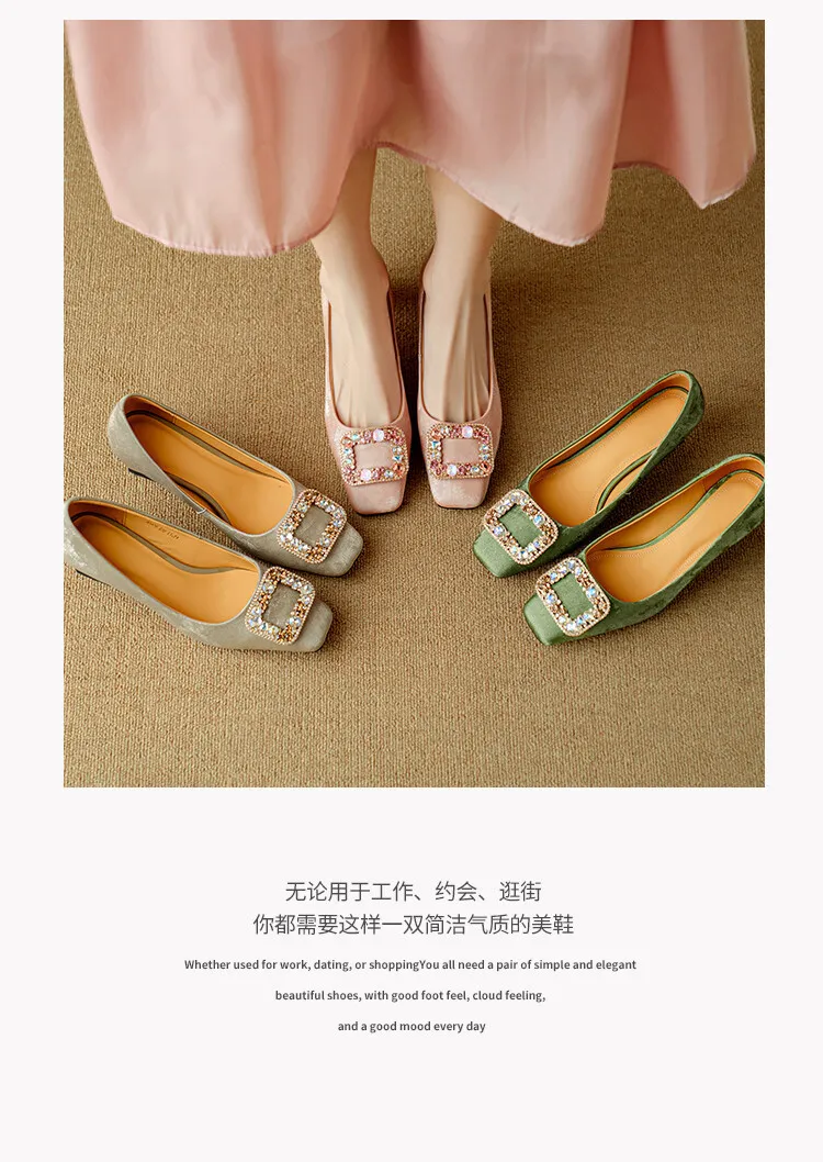 Spring square-toe rhinestone buckle single shoes with chunky heels, low-cut, slip-on design, new Chinese style women's shoes