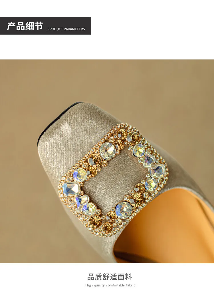 Spring square-toe rhinestone buckle single shoes with chunky heels, low-cut, slip-on design, new Chinese style women's shoes