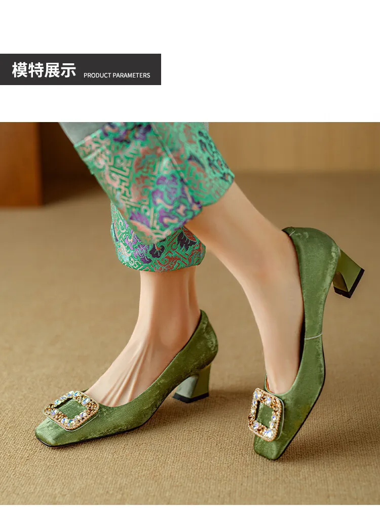 Spring square-toe rhinestone buckle single shoes with chunky heels, low-cut, slip-on design, new Chinese style women's shoes