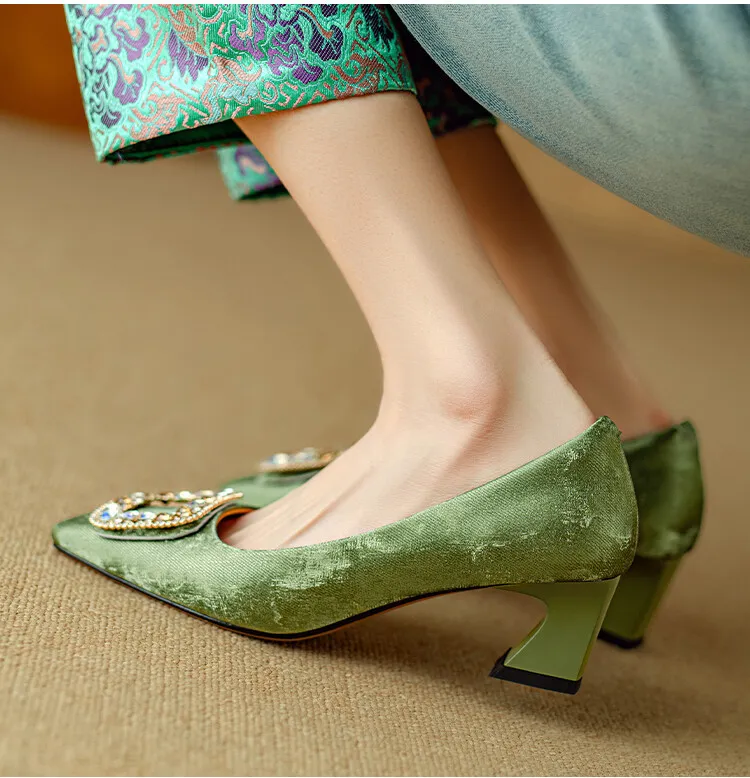 Spring square-toe rhinestone buckle single shoes with chunky heels, low-cut, slip-on design, new Chinese style women's shoes