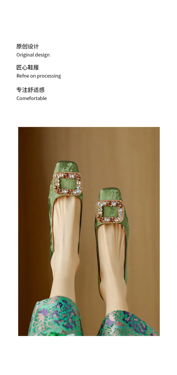 Spring square-toe rhinestone buckle single shoes with chunky heels, low-cut, slip-on design, new Chinese style women's shoes