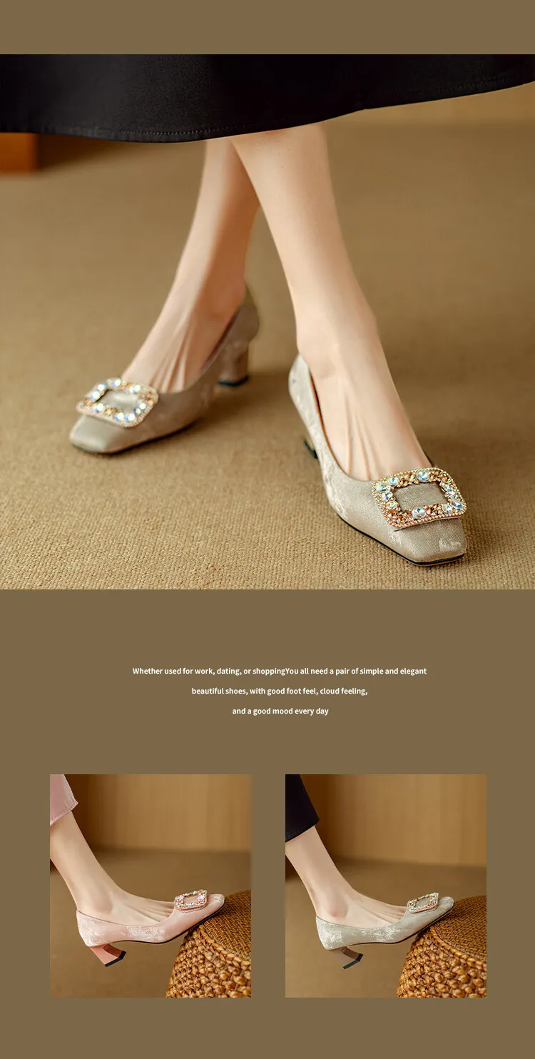 Spring square-toe rhinestone buckle single shoes with chunky heels, low-cut, slip-on design, new Chinese style women's shoes