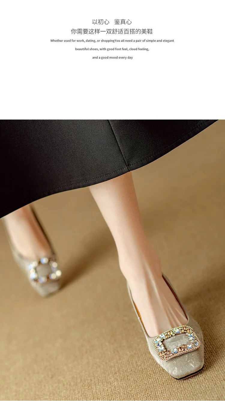 Spring square-toe rhinestone buckle single shoes with chunky heels, low-cut, slip-on design, new Chinese style women's shoes