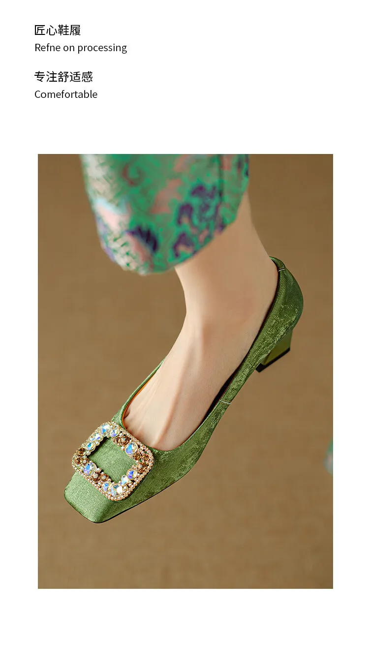 Spring square-toe rhinestone buckle single shoes with chunky heels, low-cut, slip-on design, new Chinese style women's shoes