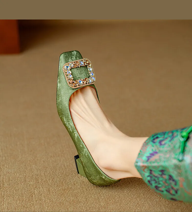 Spring square-toe rhinestone buckle single shoes with chunky heels, low-cut, slip-on design, new Chinese style women's shoes