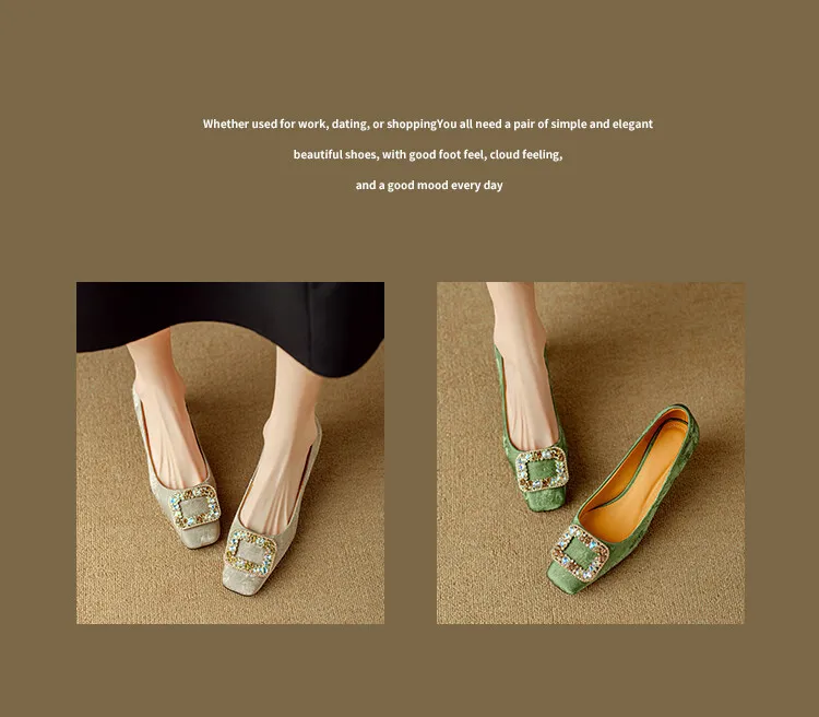 Spring square-toe rhinestone buckle single shoes with chunky heels, low-cut, slip-on design, new Chinese style women's shoes