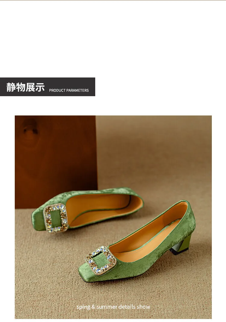 Spring square-toe rhinestone buckle single shoes with chunky heels, low-cut, slip-on design, new Chinese style women's shoes
