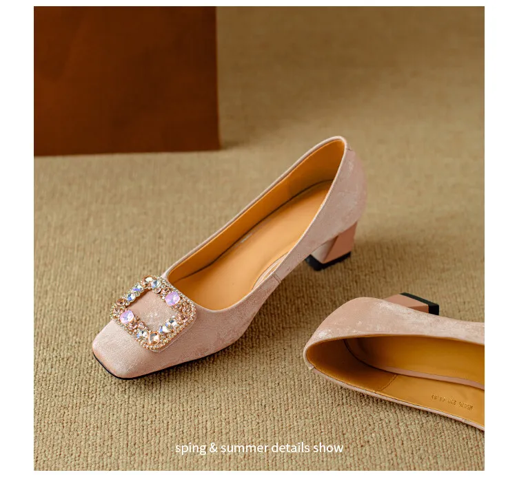 Spring square-toe rhinestone buckle single shoes with chunky heels, low-cut, slip-on design, new Chinese style women's shoes