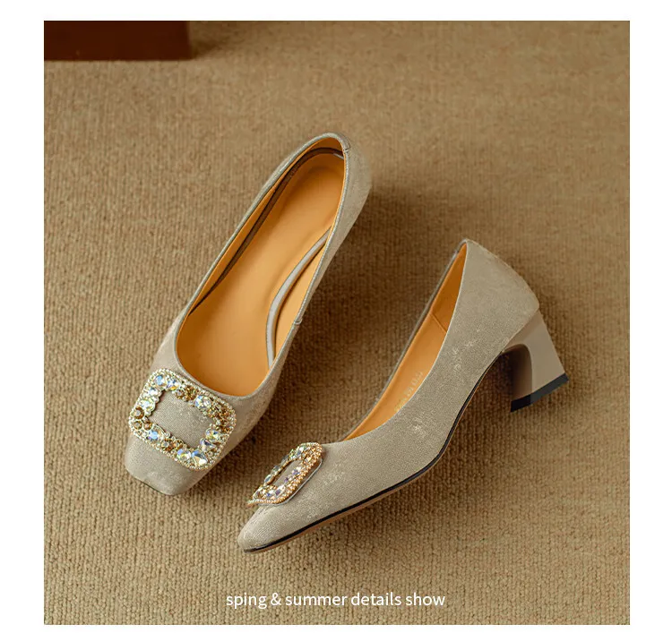 Spring square-toe rhinestone buckle single shoes with chunky heels, low-cut, slip-on design, new Chinese style women's shoes