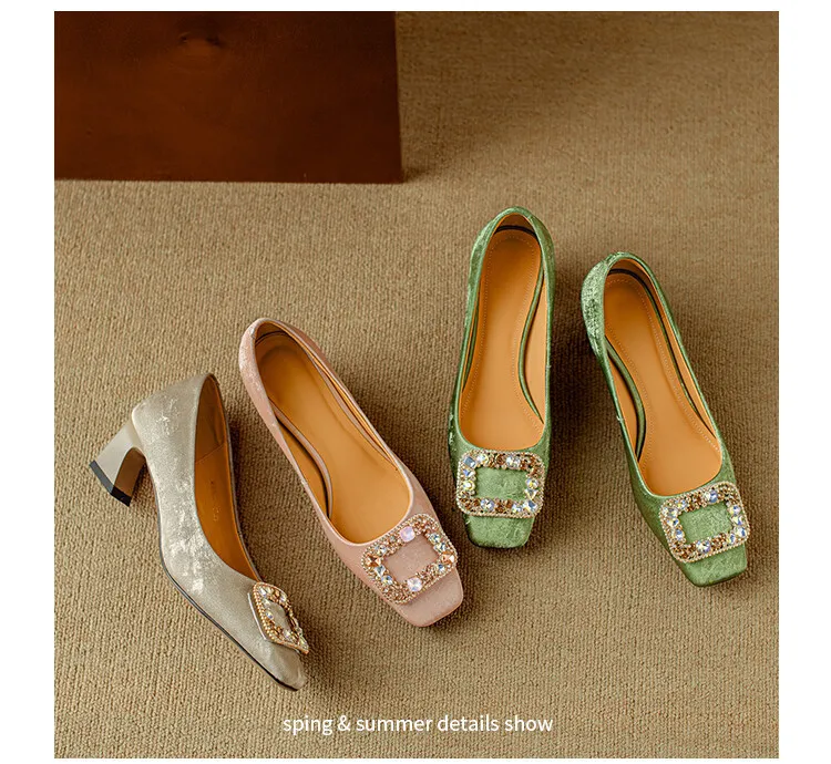 Spring square-toe rhinestone buckle single shoes with chunky heels, low-cut, slip-on design, new Chinese style women's shoes