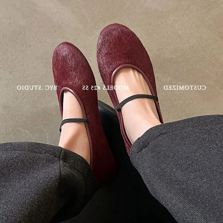 Spring round-toe flat heel low-cut single shoes, black and burgundy comfortable women's shoes