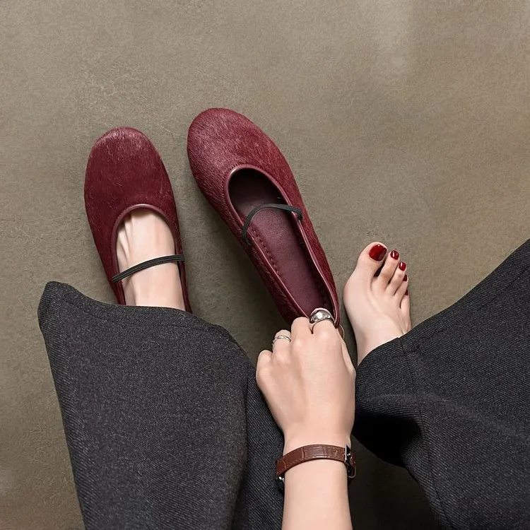 Spring round-toe flat heel low-cut single shoes, black and burgundy comfortable women's shoes