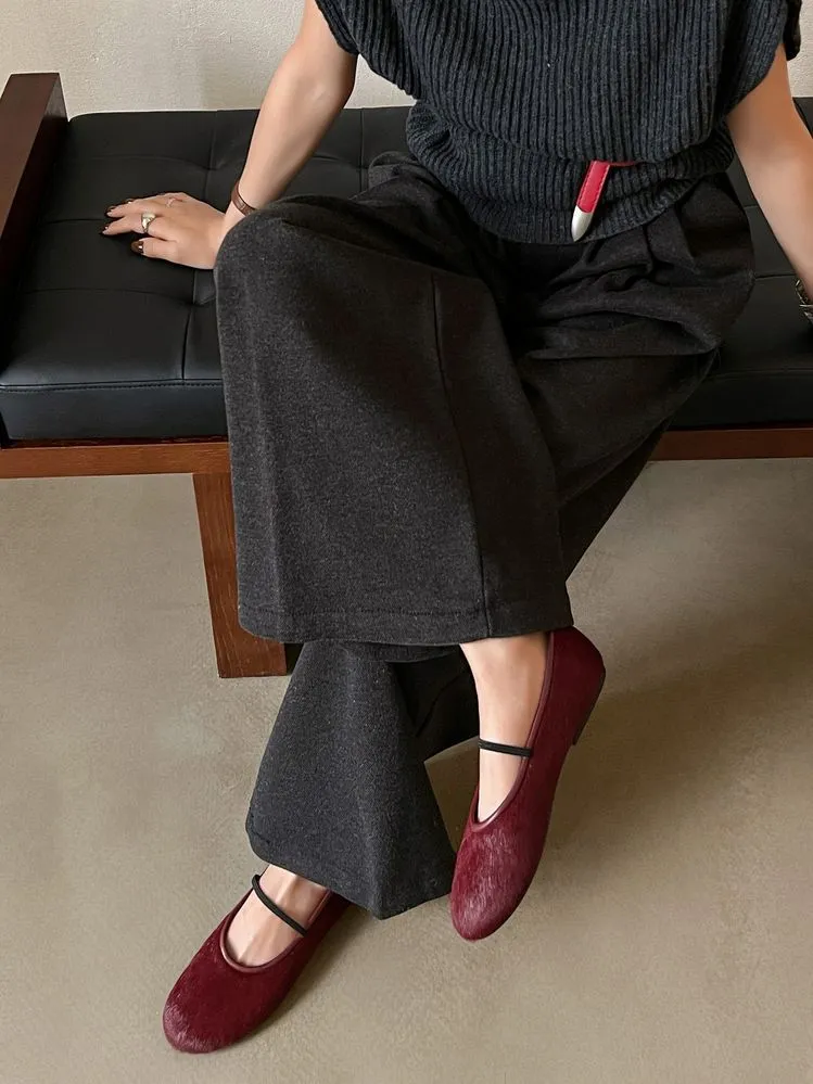 Spring round-toe flat heel low-cut single shoes, black and burgundy comfortable women's shoes