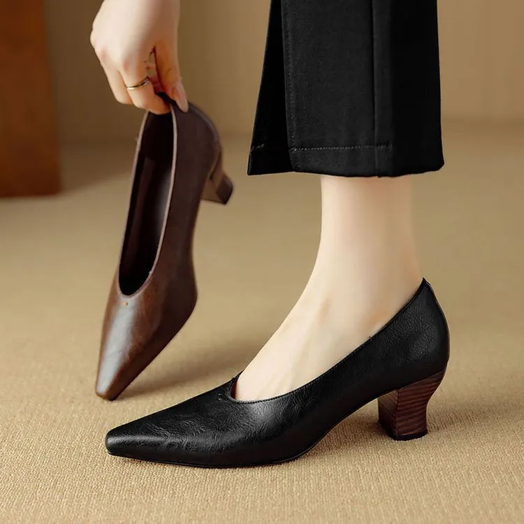 Spring and Autumn Pointed Toe Chunky Heel High Heel Low Mouth Single Shoes, Cowhide Solid Color Simple Comfortable Fashion Women's Shoes