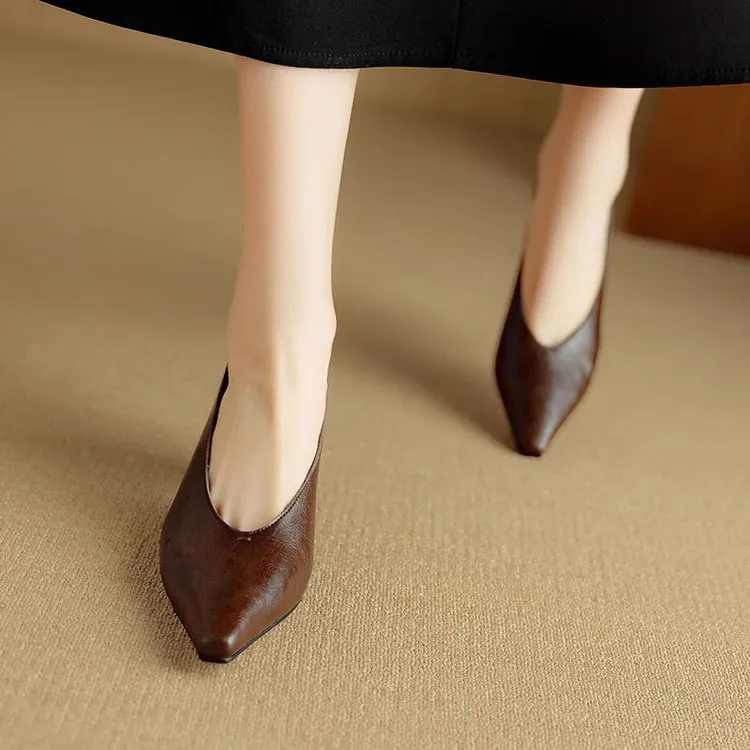 Spring and Autumn Pointed Toe Chunky Heel High Heel Low Mouth Single Shoes, Cowhide Solid Color Simple Comfortable Fashion Women's Shoes