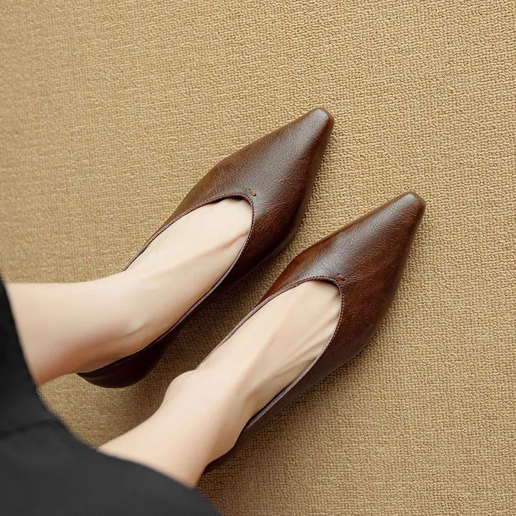 Spring and Autumn Pointed Toe Chunky Heel High Heel Low Mouth Single Shoes, Cowhide Solid Color Simple Comfortable Fashion Women's Shoes
