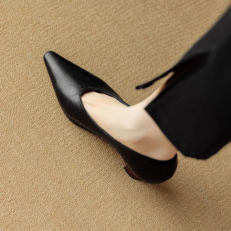 Spring and Autumn Pointed Toe Chunky Heel High Heel Low Mouth Single Shoes, Cowhide Solid Color Simple Comfortable Fashion Women's Shoes