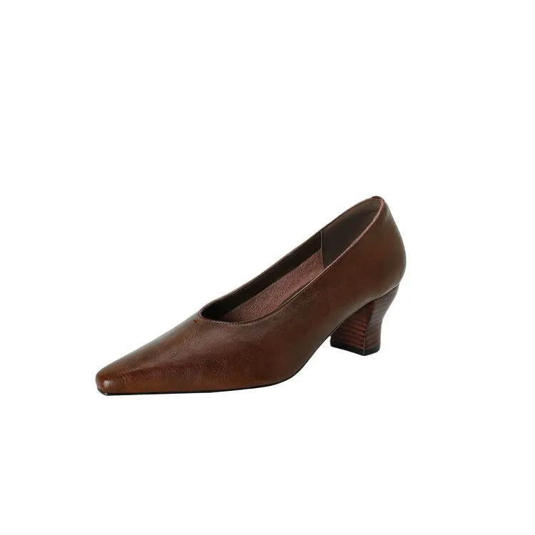 Spring and Autumn Pointed Toe Chunky Heel High Heel Low Mouth Single Shoes, Cowhide Solid Color Simple Comfortable Fashion Women's Shoes