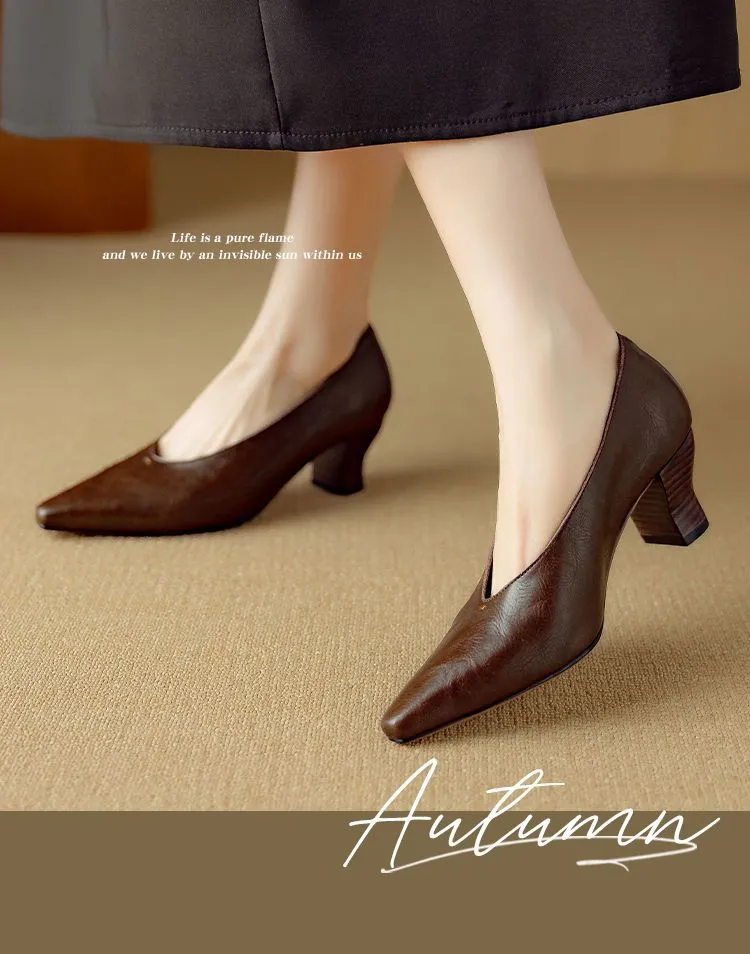 Spring and Autumn Pointed Toe Chunky Heel High Heel Low Mouth Single Shoes, Cowhide Solid Color Simple Comfortable Fashion Women's Shoes