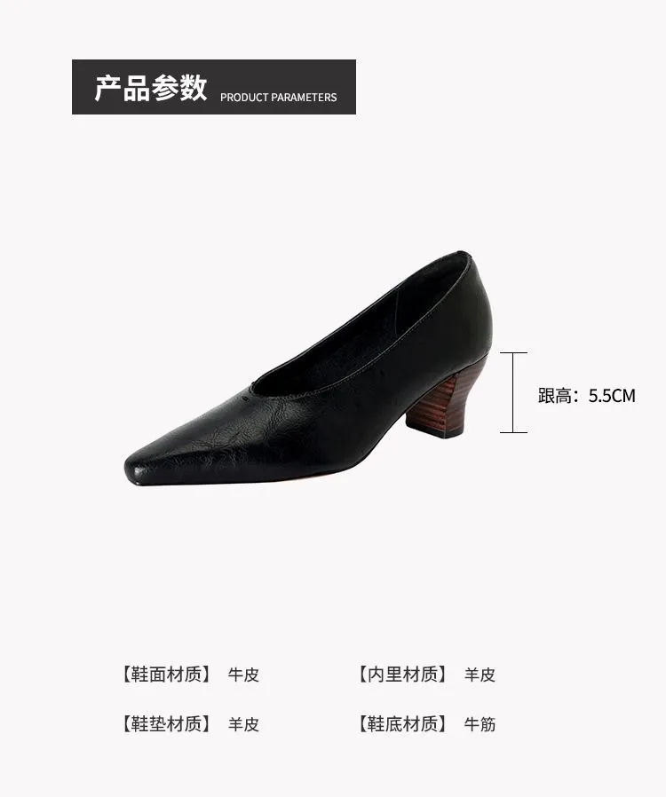 Spring and Autumn Pointed Toe Chunky Heel High Heel Low Mouth Single Shoes, Cowhide Solid Color Simple Comfortable Fashion Women's Shoes