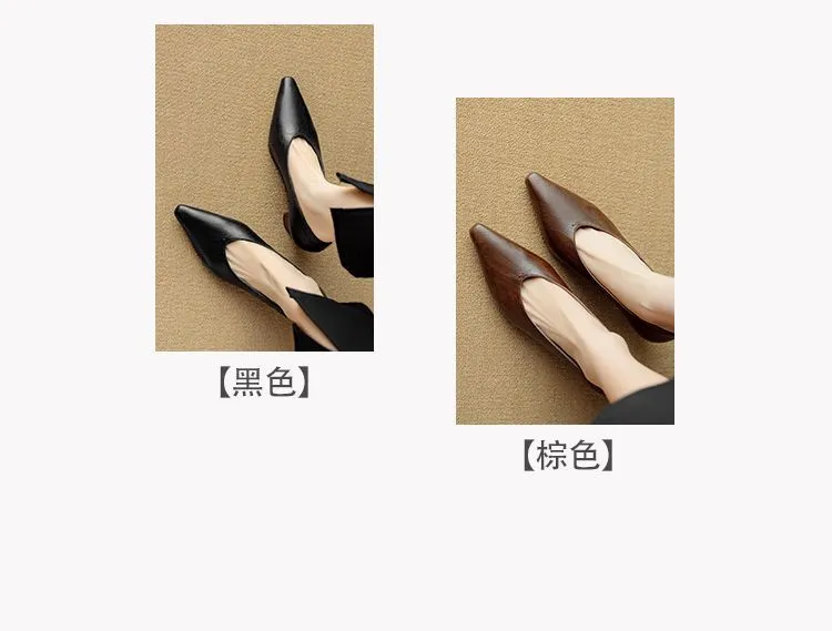Spring and Autumn Pointed Toe Chunky Heel High Heel Low Mouth Single Shoes, Cowhide Solid Color Simple Comfortable Fashion Women's Shoes
