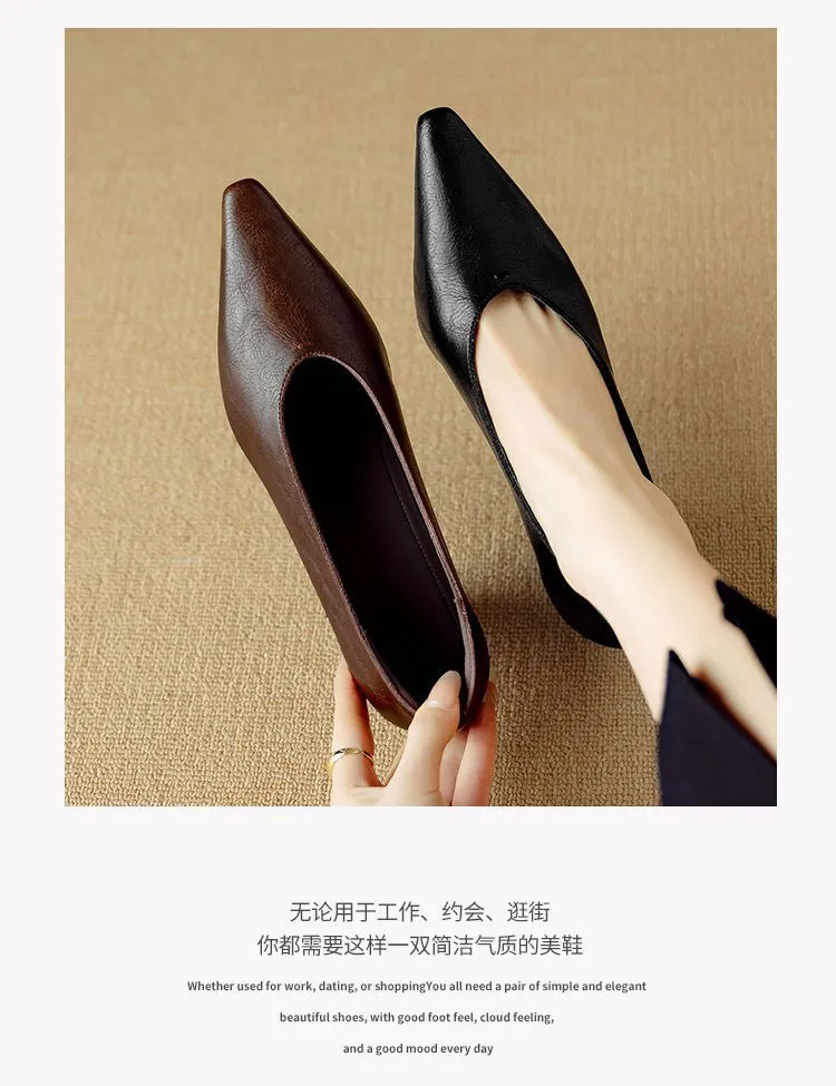 Spring and Autumn Pointed Toe Chunky Heel High Heel Low Mouth Single Shoes, Cowhide Solid Color Simple Comfortable Fashion Women's Shoes