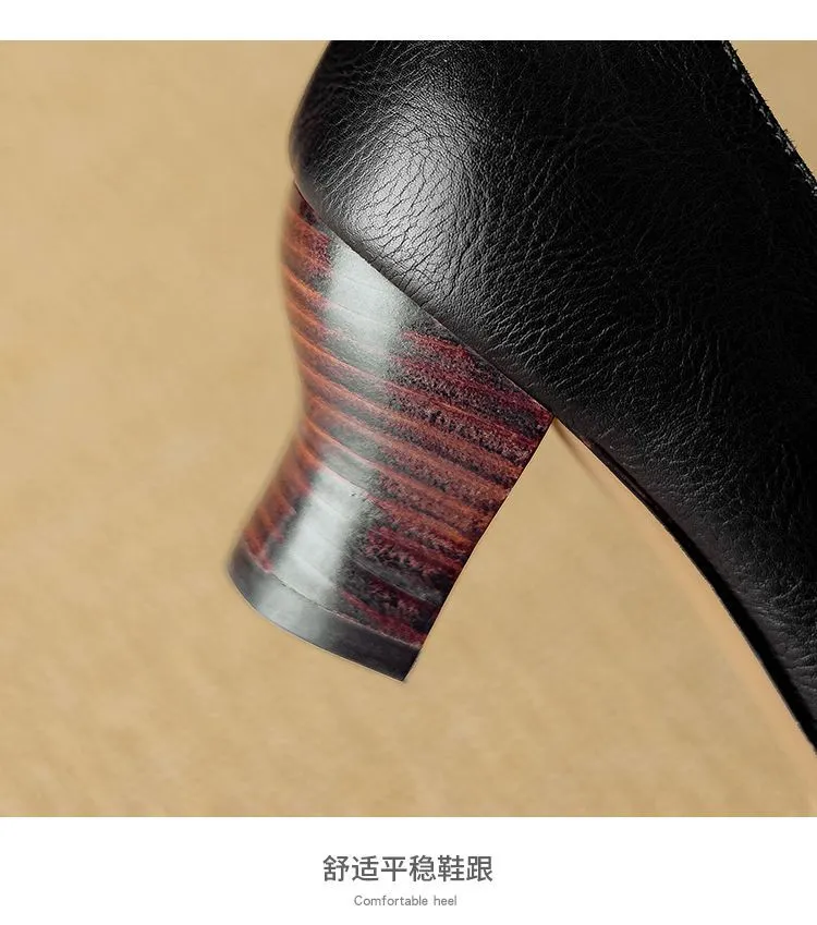 Spring and Autumn Pointed Toe Chunky Heel High Heel Low Mouth Single Shoes, Cowhide Solid Color Simple Comfortable Fashion Women's Shoes