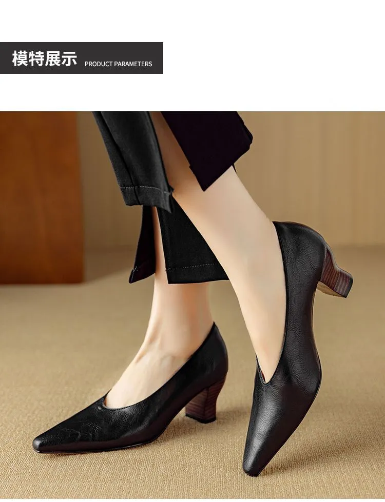 Spring and Autumn Pointed Toe Chunky Heel High Heel Low Mouth Single Shoes, Cowhide Solid Color Simple Comfortable Fashion Women's Shoes