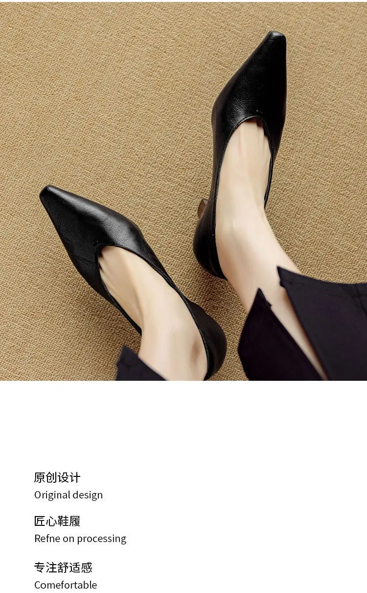 Spring and Autumn Pointed Toe Chunky Heel High Heel Low Mouth Single Shoes, Cowhide Solid Color Simple Comfortable Fashion Women's Shoes