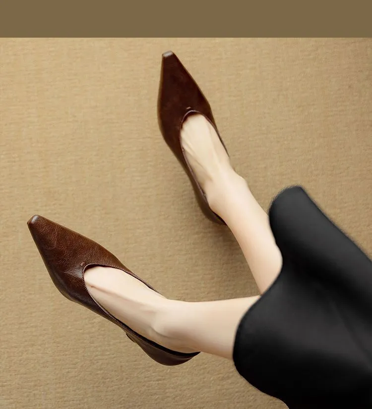 Spring and Autumn Pointed Toe Chunky Heel High Heel Low Mouth Single Shoes, Cowhide Solid Color Simple Comfortable Fashion Women's Shoes