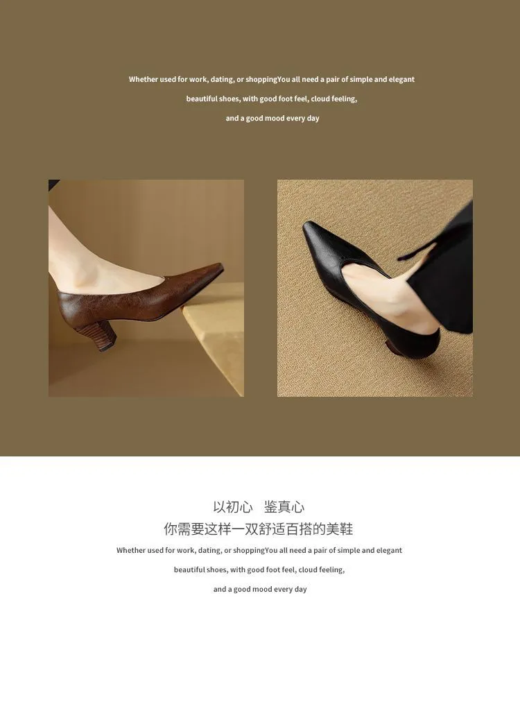 Spring and Autumn Pointed Toe Chunky Heel High Heel Low Mouth Single Shoes, Cowhide Solid Color Simple Comfortable Fashion Women's Shoes