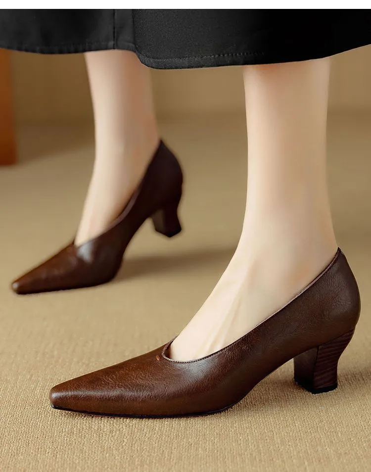 Spring and Autumn Pointed Toe Chunky Heel High Heel Low Mouth Single Shoes, Cowhide Solid Color Simple Comfortable Fashion Women's Shoes