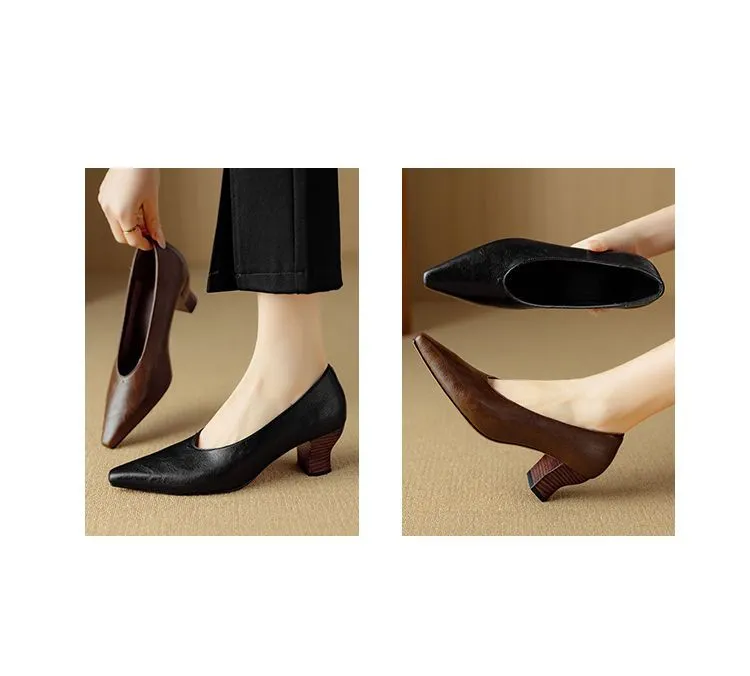 Spring and Autumn Pointed Toe Chunky Heel High Heel Low Mouth Single Shoes, Cowhide Solid Color Simple Comfortable Fashion Women's Shoes
