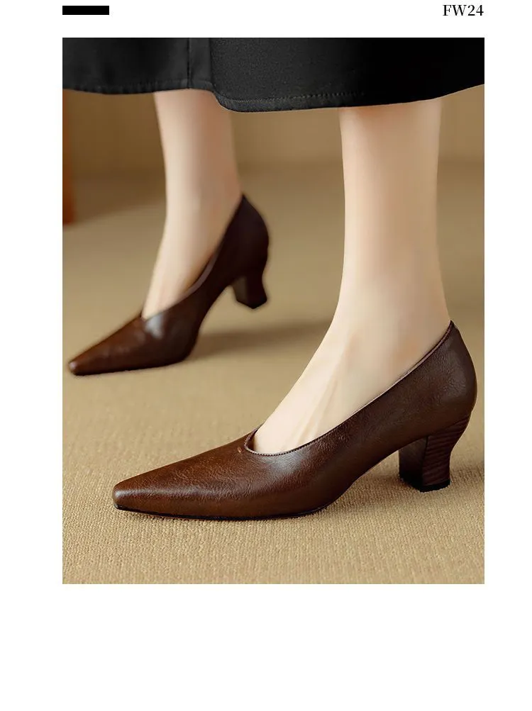 Spring and Autumn Pointed Toe Chunky Heel High Heel Low Mouth Single Shoes, Cowhide Solid Color Simple Comfortable Fashion Women's Shoes