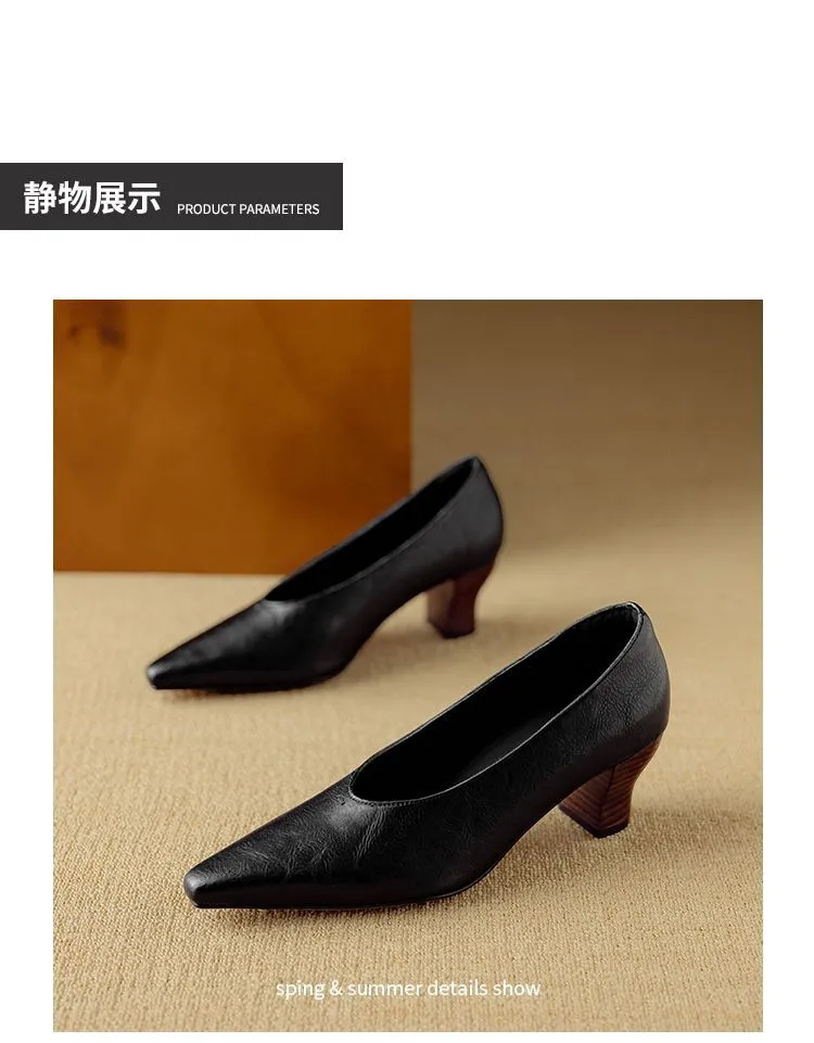Spring and Autumn Pointed Toe Chunky Heel High Heel Low Mouth Single Shoes, Cowhide Solid Color Simple Comfortable Fashion Women's Shoes