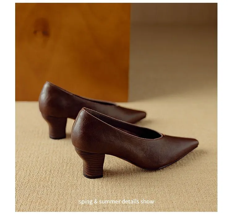 Spring and Autumn Pointed Toe Chunky Heel High Heel Low Mouth Single Shoes, Cowhide Solid Color Simple Comfortable Fashion Women's Shoes