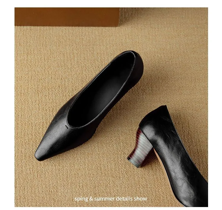Spring and Autumn Pointed Toe Chunky Heel High Heel Low Mouth Single Shoes, Cowhide Solid Color Simple Comfortable Fashion Women's Shoes