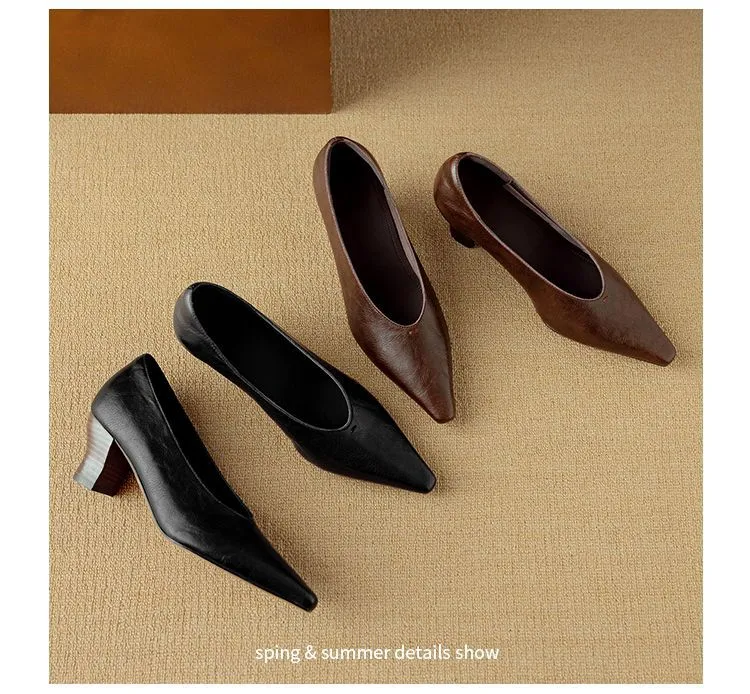 Spring and Autumn Pointed Toe Chunky Heel High Heel Low Mouth Single Shoes, Cowhide Solid Color Simple Comfortable Fashion Women's Shoes