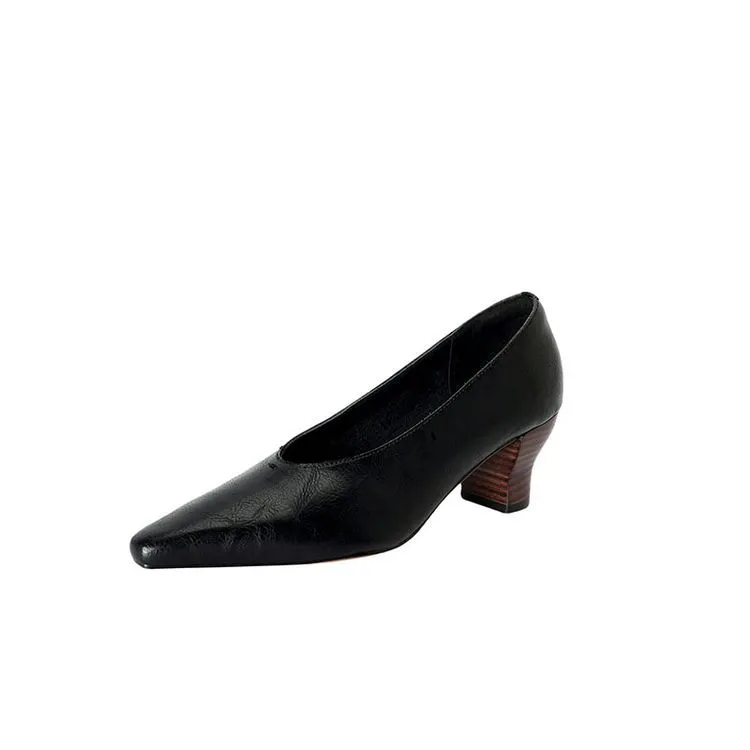 Spring and Autumn Pointed Toe Chunky Heel High Heel Low Mouth Single Shoes, Cowhide Solid Color Simple Comfortable Fashion Women's Shoes