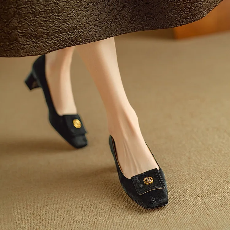 Spring square-toe chunky heel high-heeled low-cut single shoes, new Chinese style, comfortable cowhide women's shoes