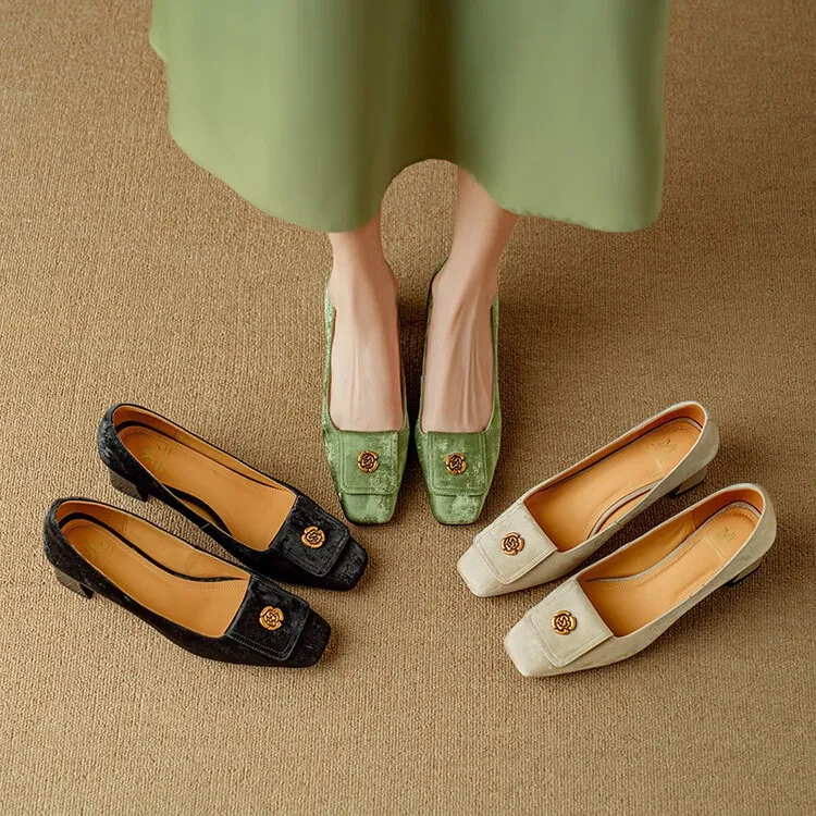 Spring square-toe chunky heel high-heeled low-cut single shoes, new Chinese style, comfortable cowhide women's shoes