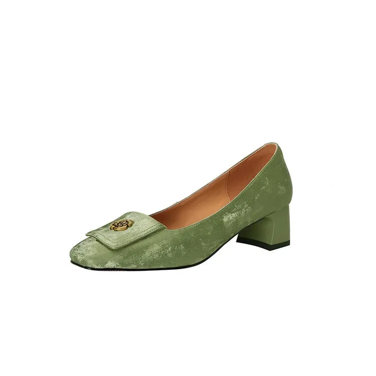 Spring square-toe chunky heel high-heeled low-cut single shoes, new Chinese style, comfortable cowhide women's shoes