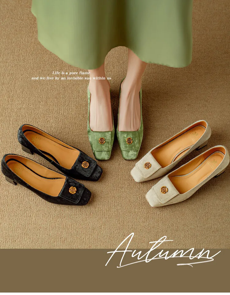 Spring square-toe chunky heel high-heeled low-cut single shoes, new Chinese style, comfortable cowhide women's shoes
